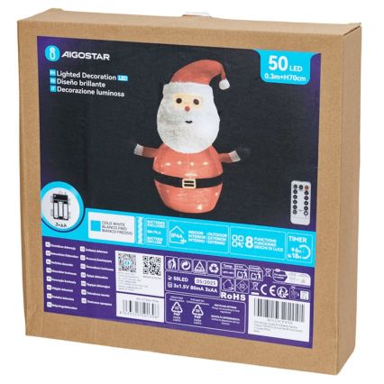 Aigostar - LED Christmas outdoor decoration 50 LEDs/3xAA 0.7m IP44 cool white Santa Claus