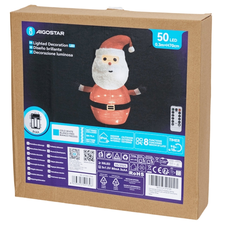 Aigostar - LED Christmas outdoor decoration 50 LEDs/3xAA 0.7m IP44 cool white Santa Claus