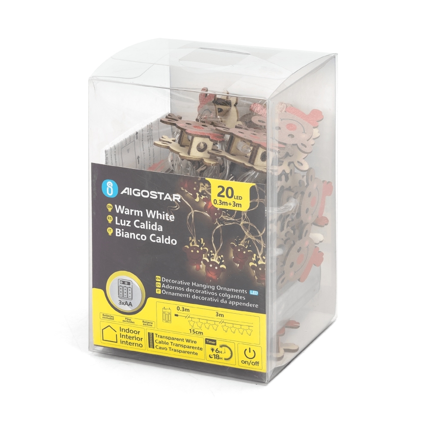 Aigostar - LED Christmas String 20xLED/3xAA 3m Warm White Reindeer