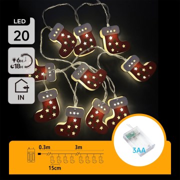 Aigostar - LED Christmas String Lights, 20 LEDs / 3×AA, 3 m, Warm White, Stockings