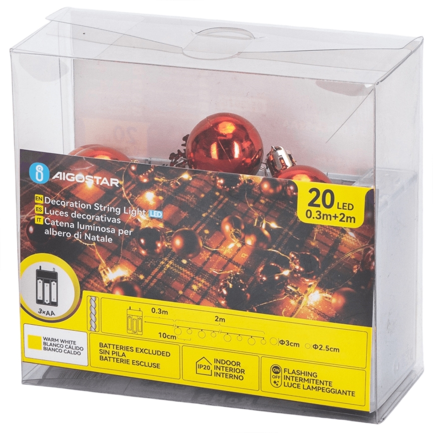 Aigostar - LED Christmas String Lights 20xLED/3xAA 2m Warm White