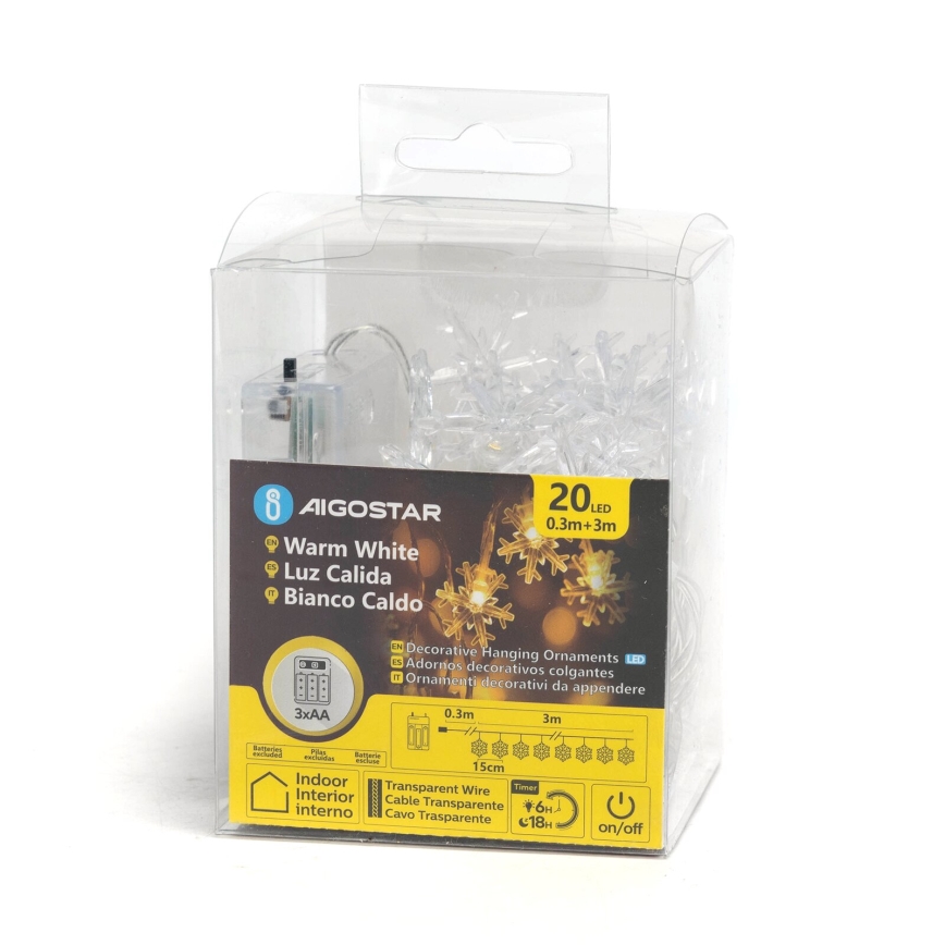 Aigostar - LED Christmas string lights 20xLED/3xAA 3.3m snowflakes