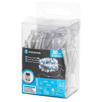 Aigostar - LED Christmas string lights 30xLED/3xAA 3.3m cool white