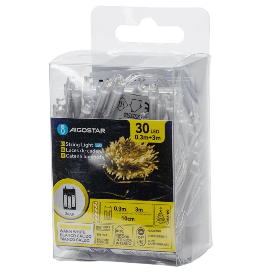 Aigostar - LED Christmas string lights 30xLED/3xAA 3,3m warm white