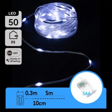 Aigostar - LED Christmas string lights 50 LEDs / 3xAA, 5.3 m, cool white