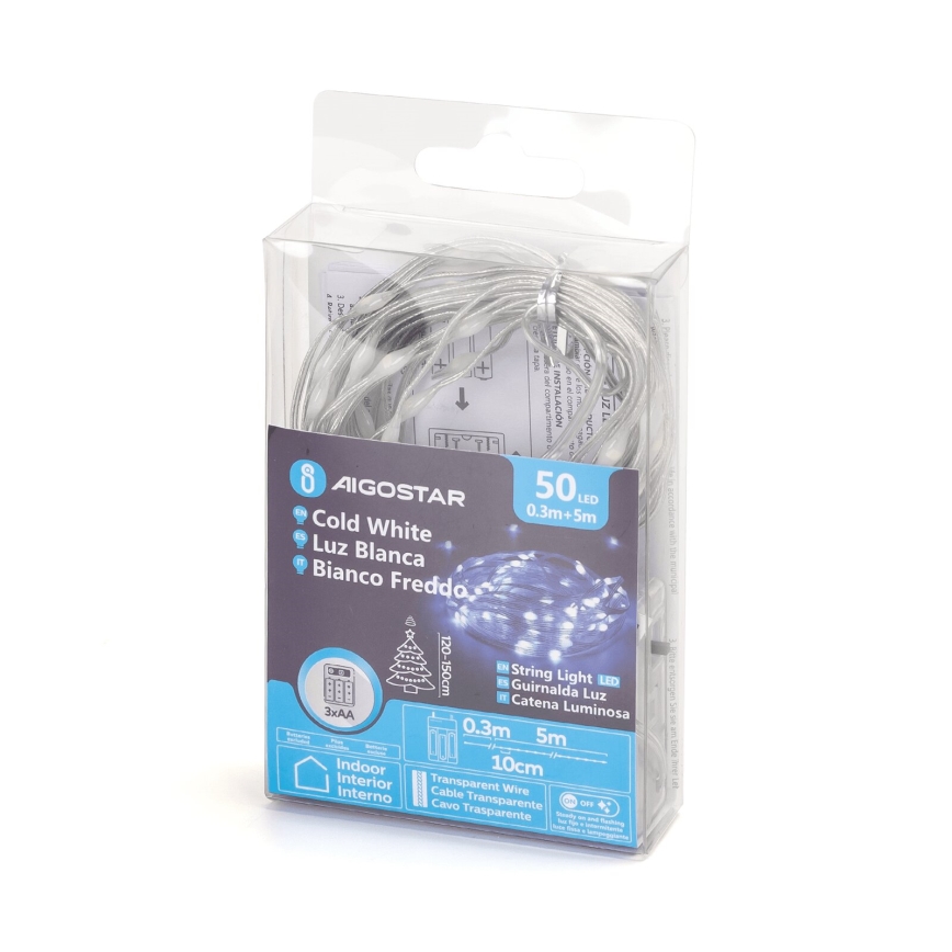 Aigostar - LED Christmas string lights 50 LEDs / 3xAA, 5.3 m, cool white