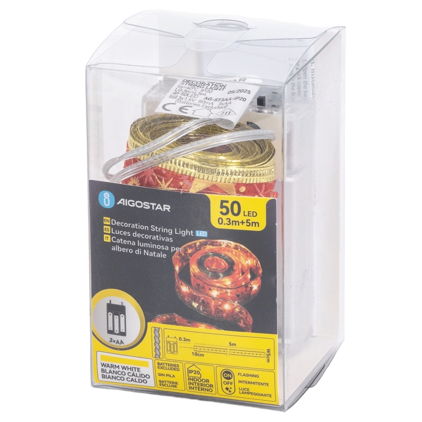 Aigostar - LED Christmas String Lights 50 LEDs / 3xAA, 5 m — Warm White & Red