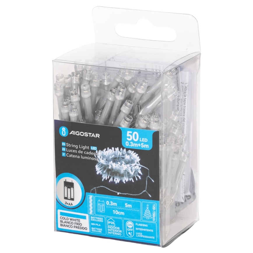 Aigostar - LED Christmas string lights 50 LEDs / 3×AA 5.3 m cool white