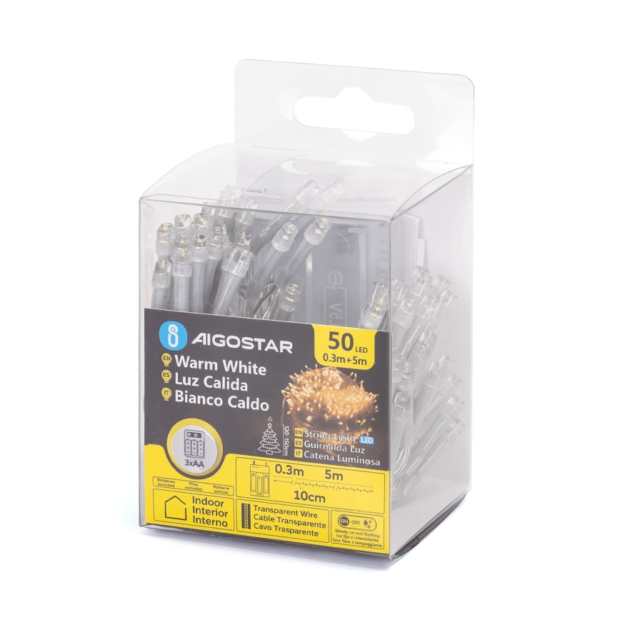 Aigostar - LED Christmas string lights 50xLED/3xAA 5,3m warm white
