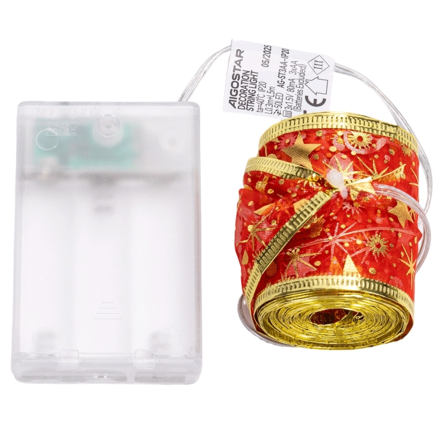 Aigostar - LED Christmas string lights 50xLED/3xAA 5m warm white, red
