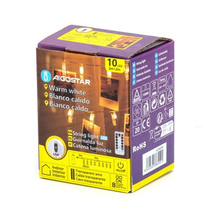Aigostar - LED Decorative String Lights 10xLED/5W/USB 5 m Warm White