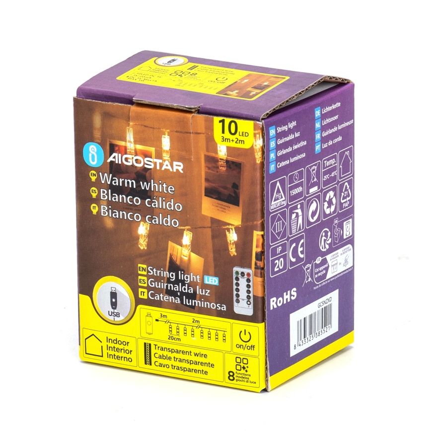 Aigostar - LED Decorative String Lights 10xLED/5W/USB 5 m Warm White