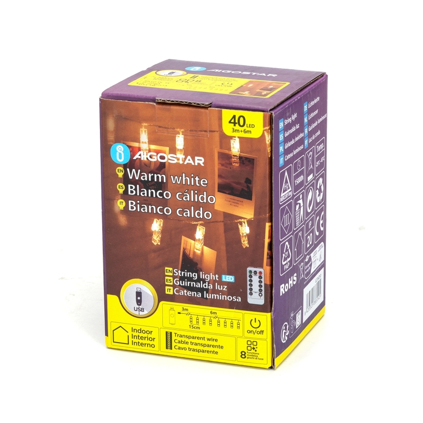 Aigostar - LED Decorative String Lights 40xLED/5W/USB 9 m Warm White