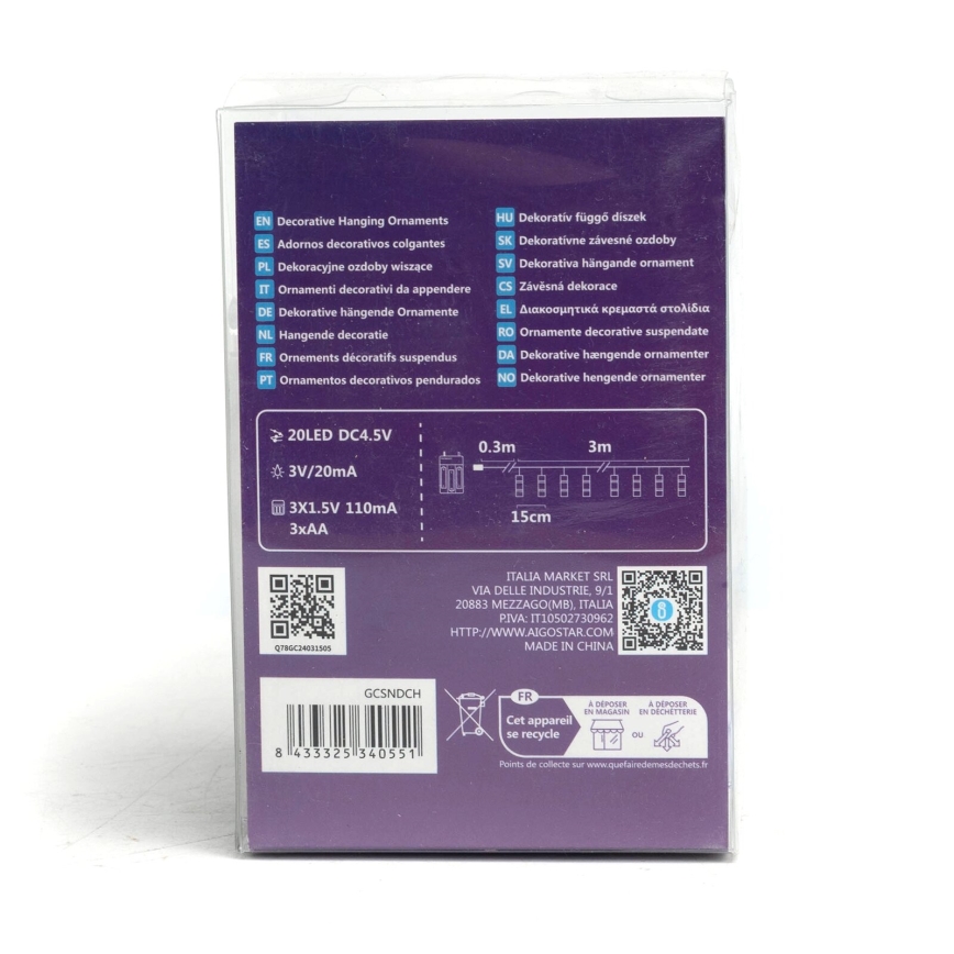 Aigostar - LED Decorative String Lights with Clips, 20x LED / 3x AA, 3.3 m, Warm White