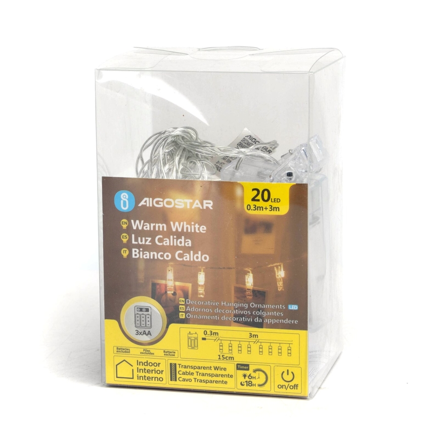 Aigostar - LED Decorative String with Clips 20xLED/3xAA 3.3m Warm White