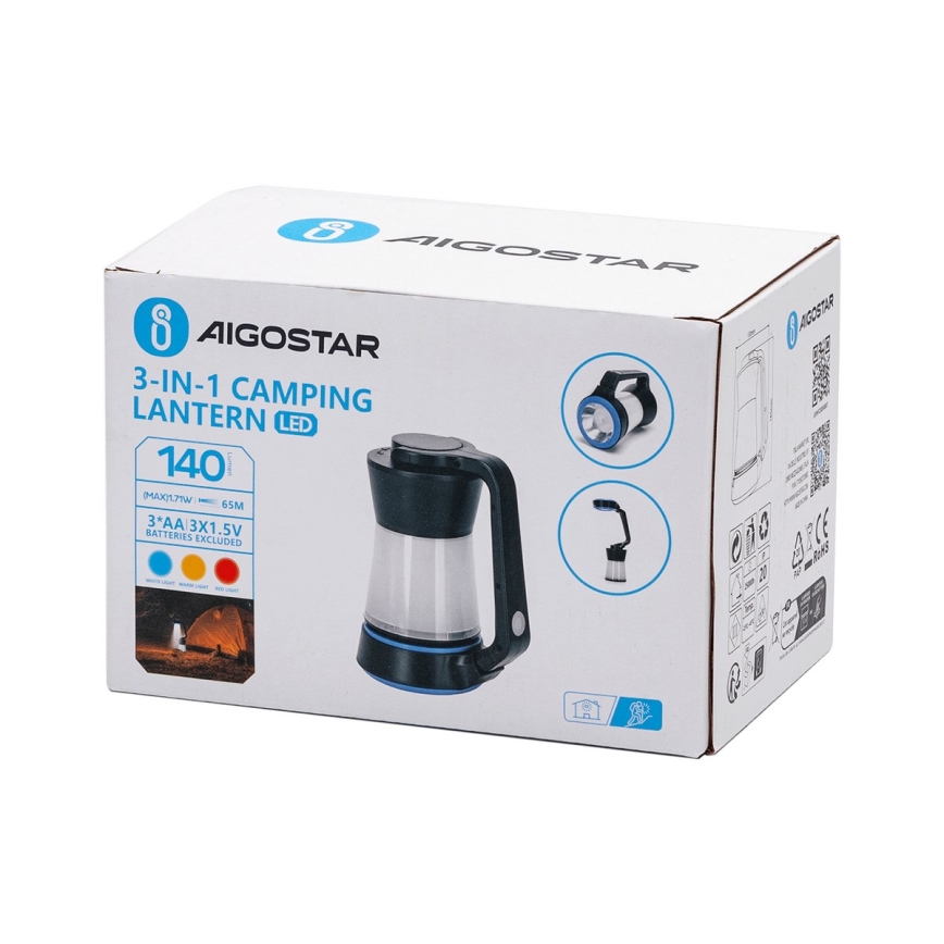 Aigostar - LED Dimmable camping flashlight 3in1 LED/3xAA black/blue