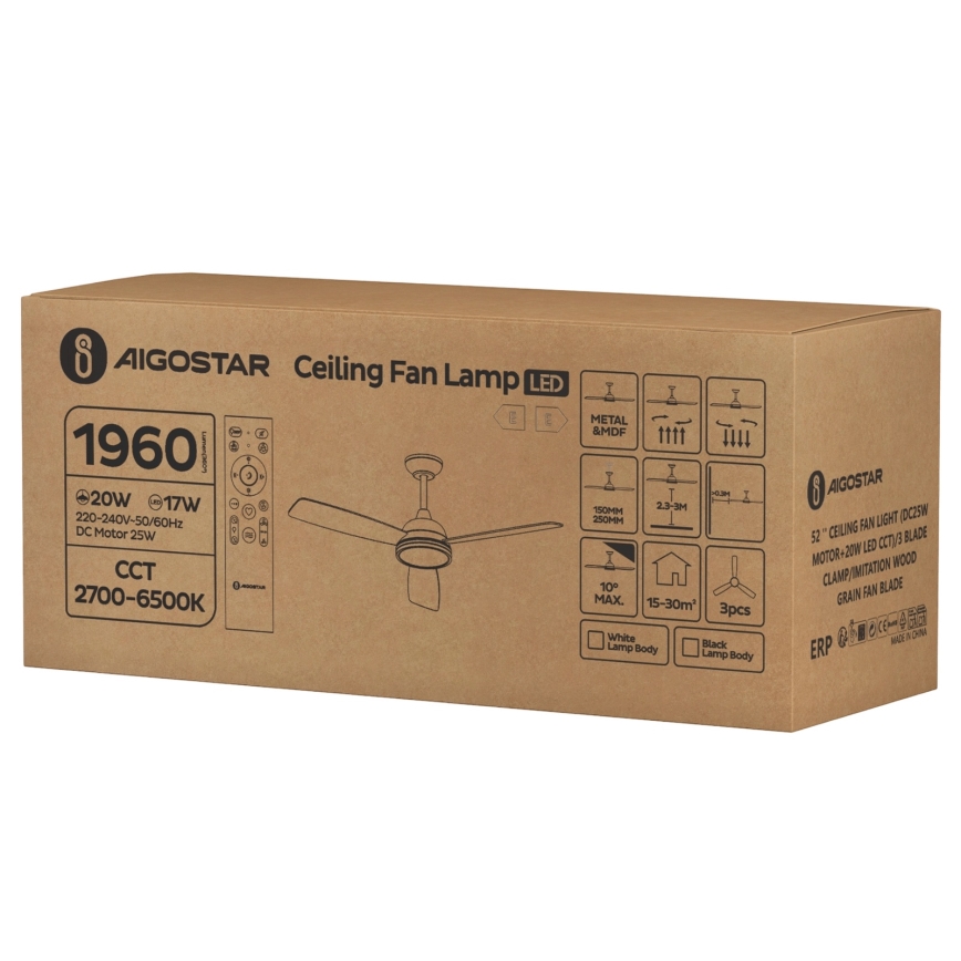 Aigostar - LED Dimmable ceiling fan LED/20W/230V 2700-6500K 132cm brown + remote control