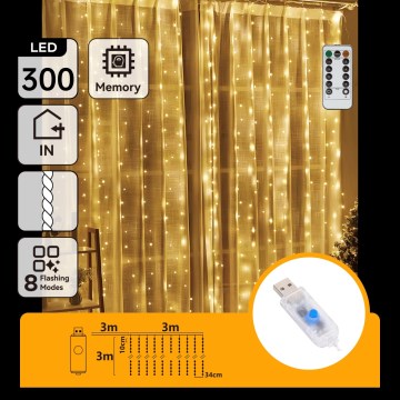 Aigostar - LED Dimmable Christmas String Lights 300xLED/8 functions USB 6x3m warm white + remote control