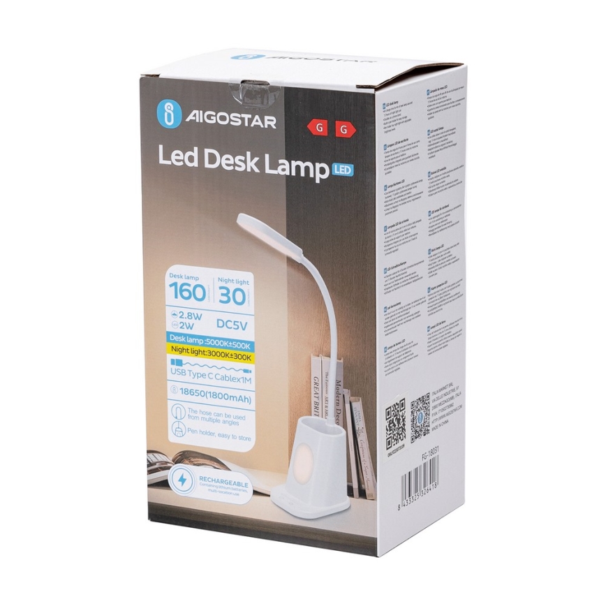 Aigostar - LED Dimmable rechargeable table lamp LED/2,8W/5V 1800mAh 3000/5000K white