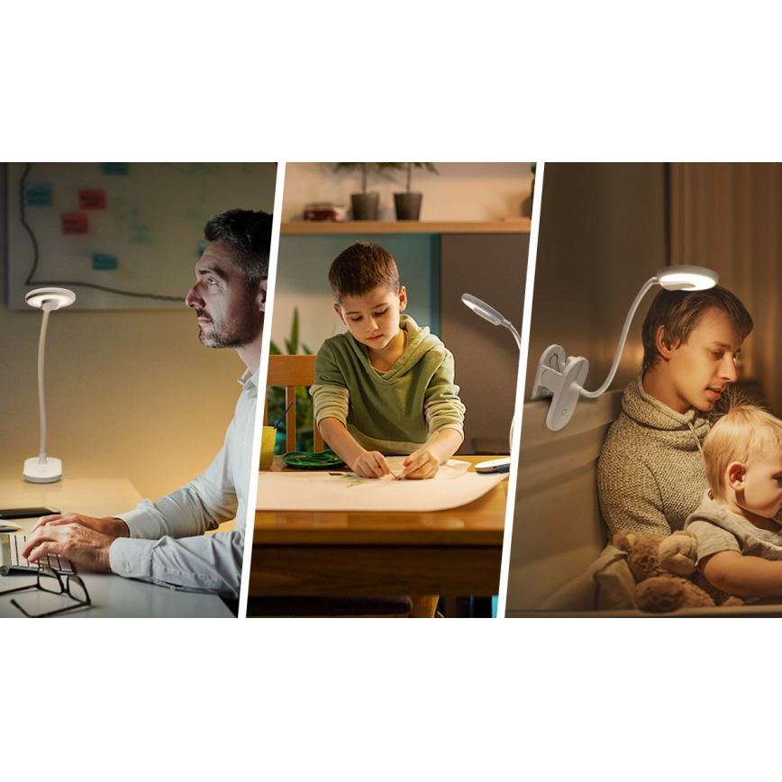 Aigostar - LED Dimmable rechargeable table lamp with clip LED/2,5W/5V 1200mAh white