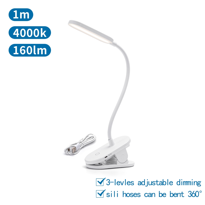 Aigostar - LED Dimmable rechargeable table lamp with clip LED/2,5W/5V 1200mAh white