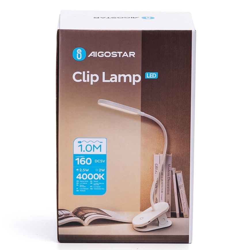 Aigostar - LED Dimmable rechargeable table lamp with clip LED/2,5W/5V 1200mAh white