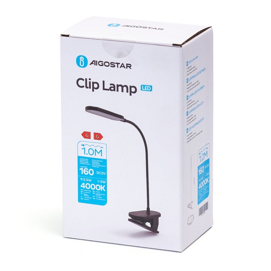 Aigostar - LED Dimmable rechargeable table lamp with clip LED/2,5W/5V black