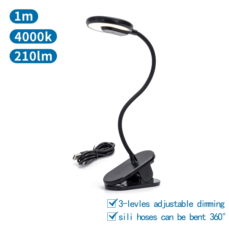 Aigostar - LED Dimmable rechargeable table lamp with clip LED/3W/5V 1800mAh black