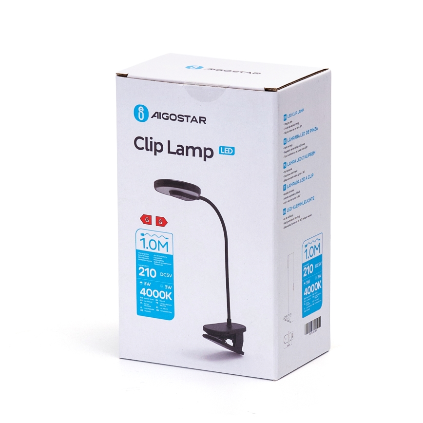 Aigostar - LED Dimmable rechargeable table lamp with clip LED/3W/5V 1800mAh black