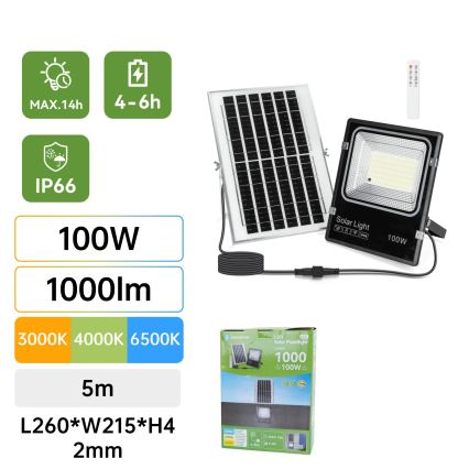 Aigostar - Dimmable LED solar floodlight LED/100W/3,2V 2000mAh 3000K/4000K/6500K IP66 + remote control