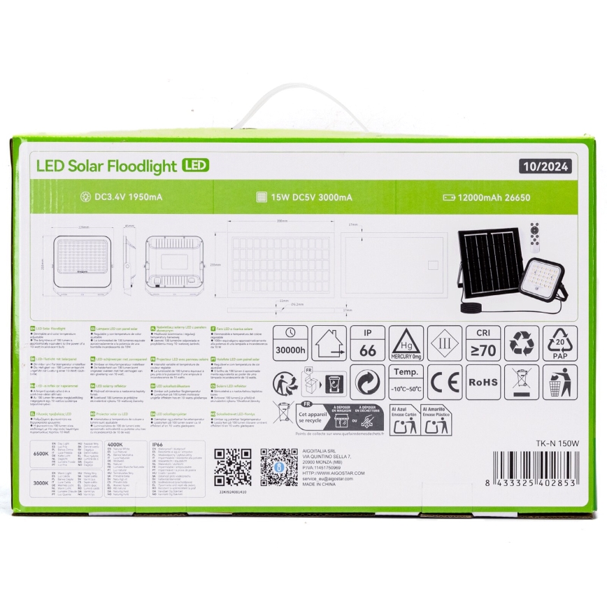 Aigostar - LED Dimmable solar floodlight LED/150W/3,4V 3000/4000/6500K IP66 + remote control