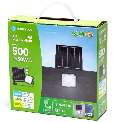 Aigostar - Dimmable LED Solar Floodlight 50W / 3.4V, 3000/4000/6500K, IP66, 4000 mAh + Remote Control