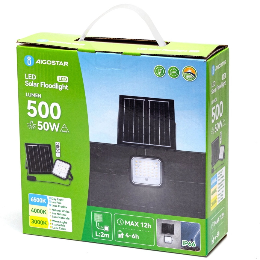 Aigostar - Dimmable LED Solar Floodlight 50W / 3.4V, 3000/4000/6500K, IP66, 4000 mAh + Remote Control