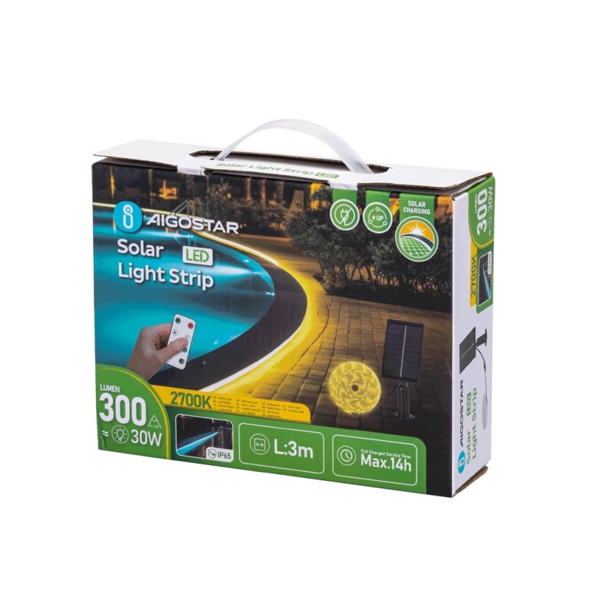 Aigostar - LED Dimmable solar strip LED/1,6W/3,2V 3 m 2700K IP65 1800 mAh + remote control