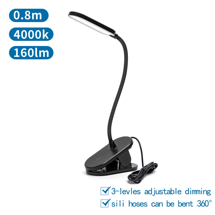 Aigostar - LED Dimmable table lamp with clip LED/2,5W/5V black