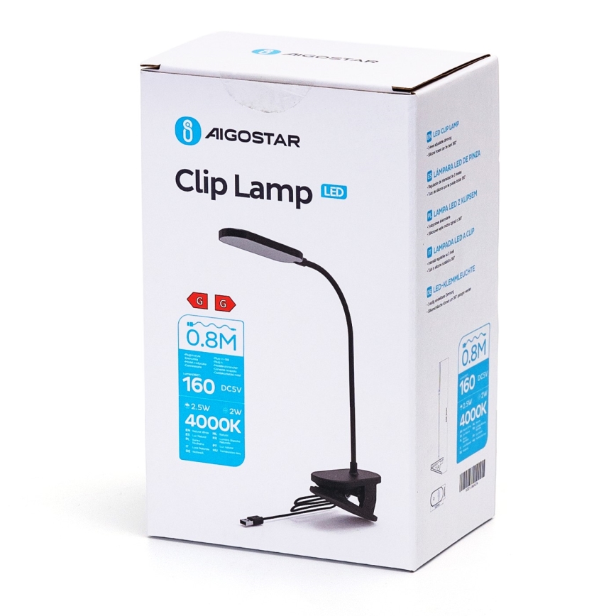 Aigostar - LED Dimmable table lamp with clip LED/2,5W/5V black