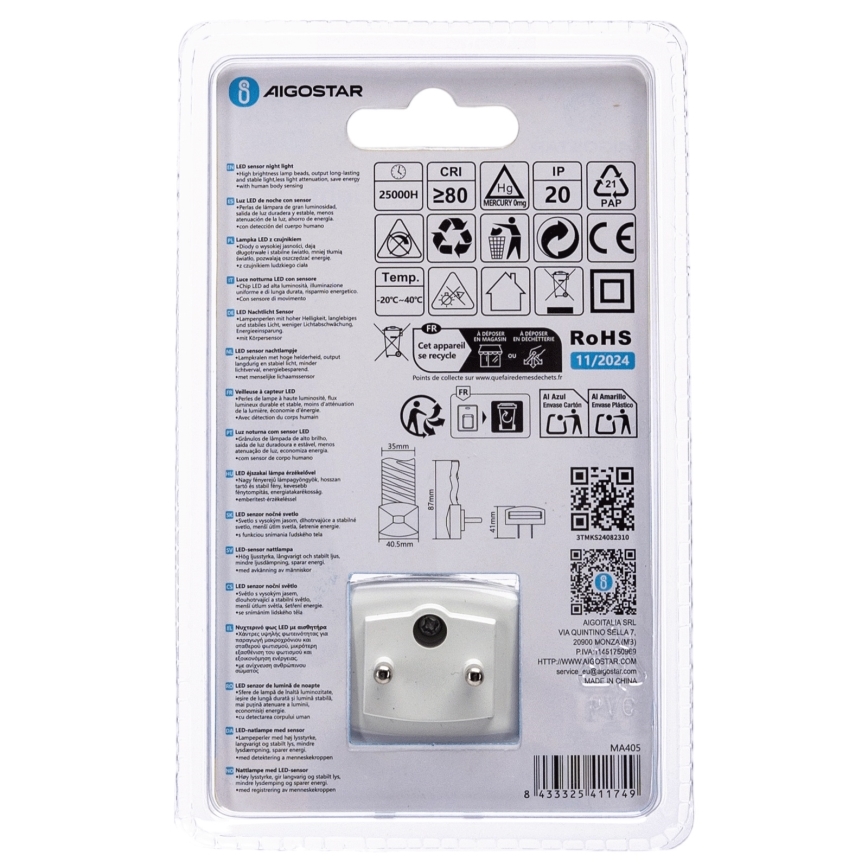 Aigostar - LED Night light with dusk sensor LED/0,2W/230V 3000K