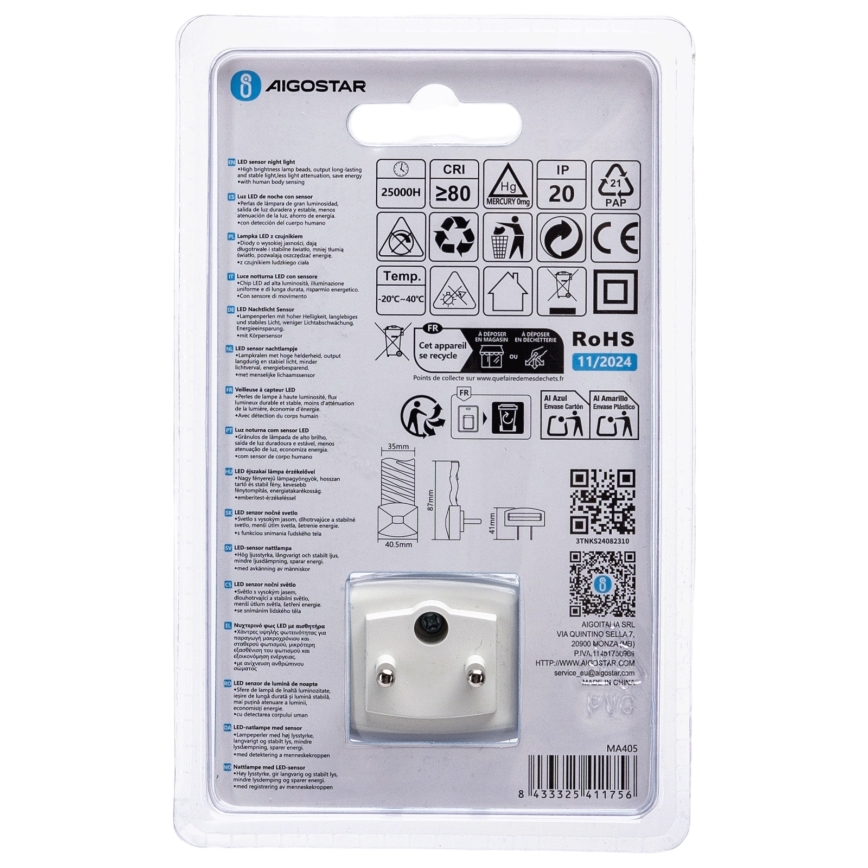 Aigostar - LED Night light with dusk sensor LED/0,2W/230V 6500K