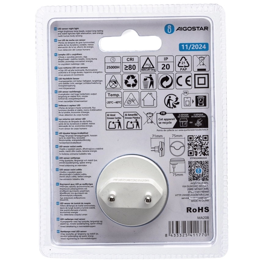 Aigostar - LED Night light with dusk sensor LED/0,5W/230V 6500K