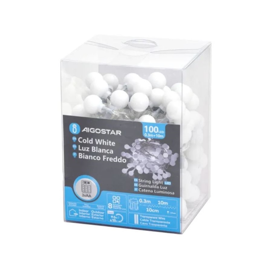 Aigostar - LED Outdoor Christmas chain 100xLED/3xAA/8 functions 10,3 m IP44 cool white