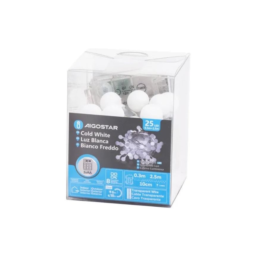 Aigostar - LED Outdoor Christmas chain 25xLED/3xAA/8 functions 2,8 m IP44 cool white