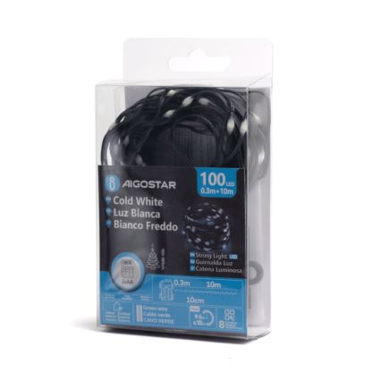 Aigostar - LED Outdoor Christmas chain 100xLED/8 functions/3xAA 10,3m IP44 cool white
