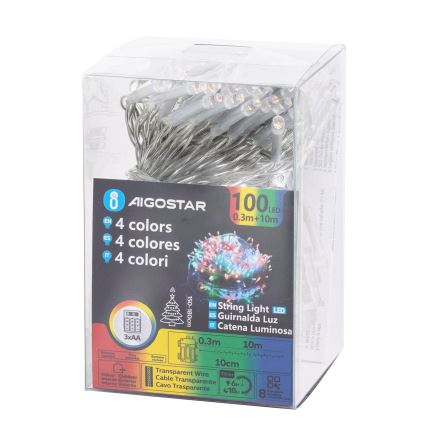 Aigostar -LED Outdoor Christmas chain 100xLED/8 functions 3xAA 10,3m IP44 multicolor