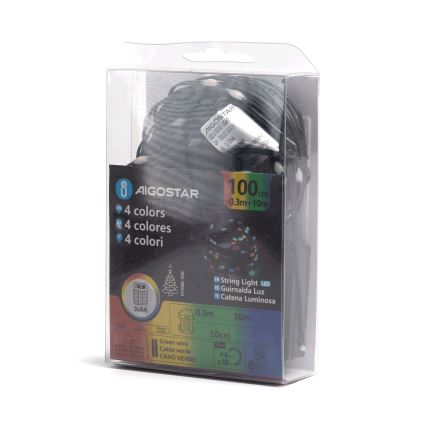 Aigostar-LED Outdoor Christmas chain 100xLED/8 functions 3xAA 10,3m IP44 multicolor
