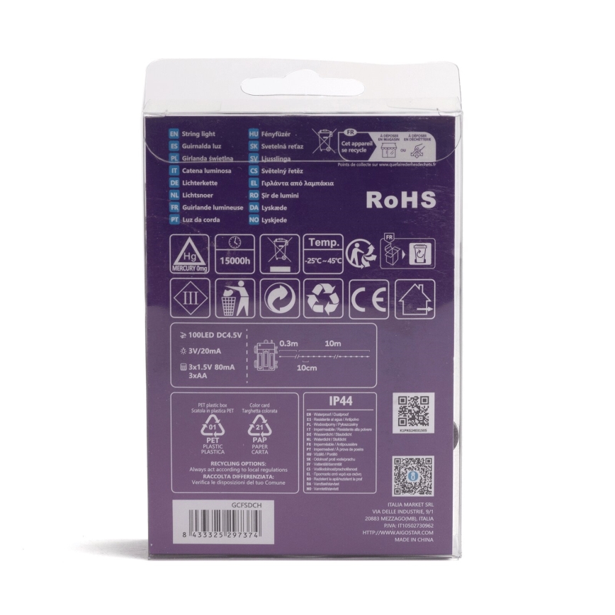 Aigostar-LED Outdoor Christmas chain 100xLED/8 functions 3xAA 10,3m IP44 multicolor