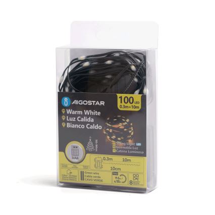 Aigostar - LED Outdoor Christmas chain 100xLED/8 functions 3xAA 10,3m IP44 warm white