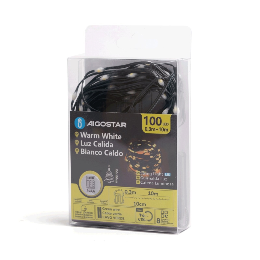 Aigostar - LED Outdoor Christmas chain 100xLED/8 functions 3xAA 10,3m IP44 warm white
