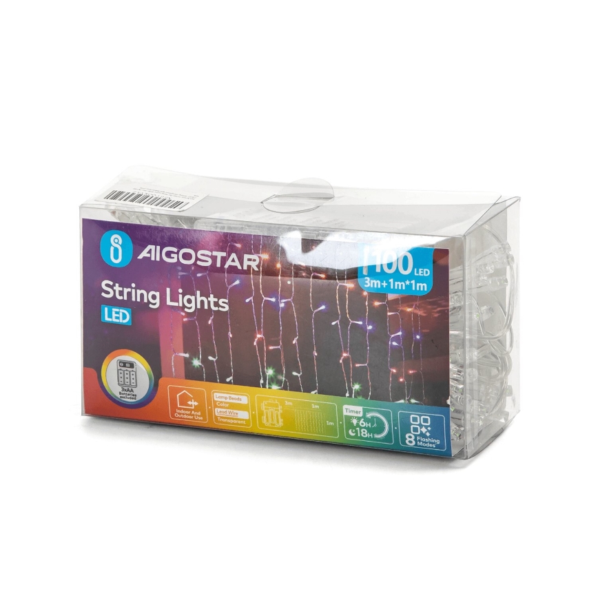 Aigostar - LED Outdoor Christmas chain 100xLED/8 functions 3xAA 4x1m IP44 multicolor