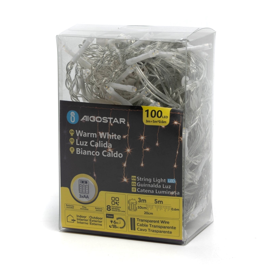 Aigostar-LED Outdoor Christmas chain 100xLED/8 functions 3xAA 8x0,6m IP44 warm white