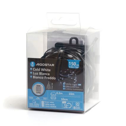 Aigostar - LED Outdoor Christmas chain 150xLED/8 functions/3xAA 15,3m IP44 cool white